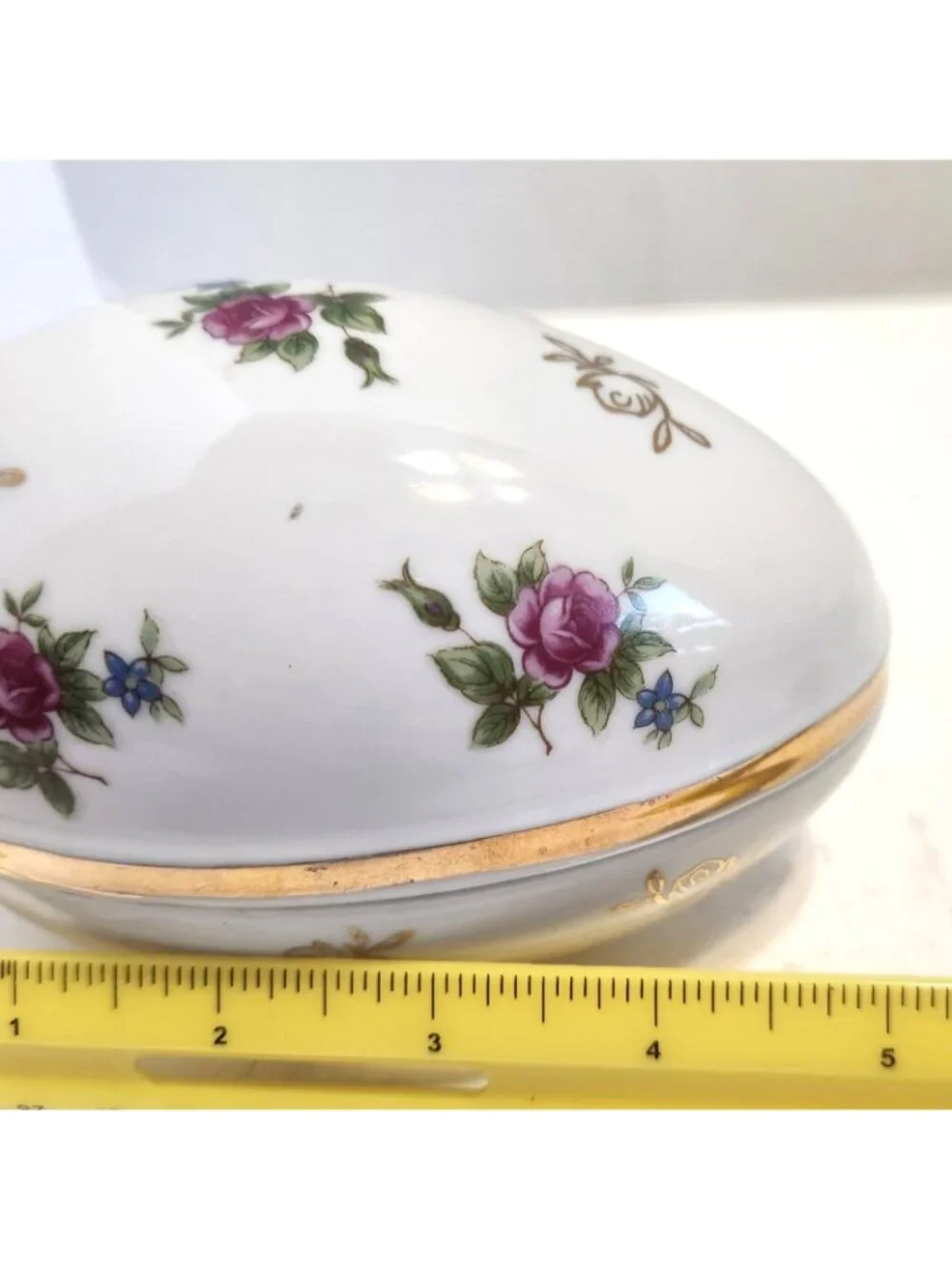 Hand-Painted Porcelain Egg-Shaped Trinket Box With Gold Accents & Floral Design